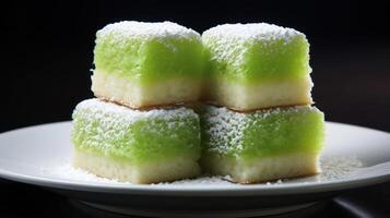 Stacked green cake with powdered sugar on a plate. photo