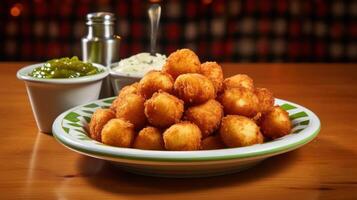 Loaded potato bites with dipping sauces on a plate. photo