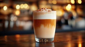 Layered coffee drink with foam and dusting on a table. photo