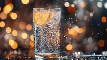 Refreshing citrus sparkling water with bubbles and bokeh lights. photo