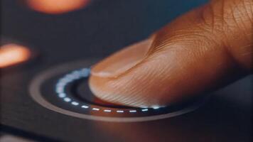 Cyber finger focus on virtual control panel touching fingerprint recognition graphics in modern technology environment photo