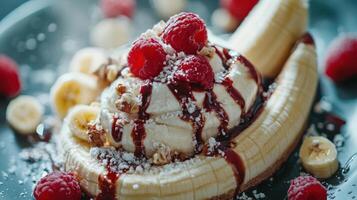 Banana split with raspberry and chocolate drizzle. photo