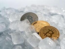 Cryptocurrency coins frozen in ice abstract financial image cool environment close-up view photo