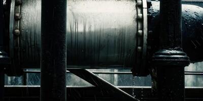 Gas tank leak incident at industrial facility showing rusty tank and warning sign in a gritty environment photo