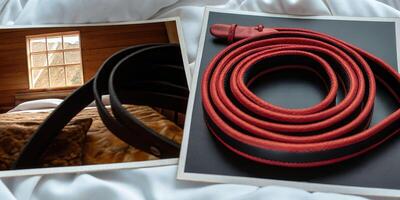 Surprising encounter with a snake on a coiled belt in a cozy bedroom setting evoking unease photo