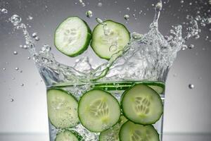 Cucumber drop splashes into sparkling water minimal background refreshing beverage scene bright reflections photo