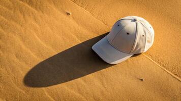 Overhead shot of a cap casting a long shadow on warm golden sand minimalist composition tranquil environment photo