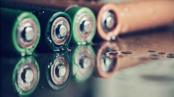 Dramatic close-up of wet lithium battery reflections industrial setting macro photography water droplets photo