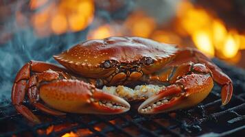 Delicious grilled crab on barbecue, close-up view. photo