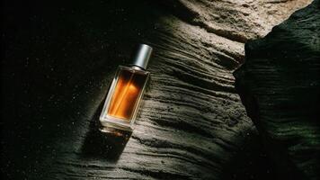 Dramatic meteor-inspired product shot of a sleek perfume bottle on textured surface studio environment close-up view photo