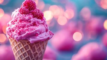 Pink ice cream cone with vibrant bokeh background. photo
