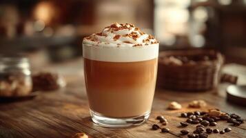 Creamy latte with whipped cream and cocoa powder. photo