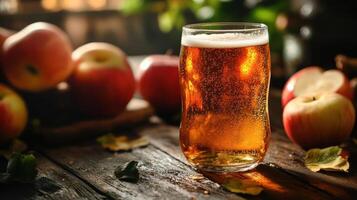 Beer with apples, autumn drink, rustic setting photo