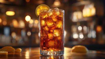 Refreshing whiskey lemonade cocktail with ice and lemon slice. photo