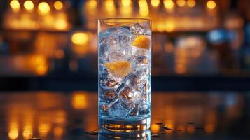 Refreshing ice drink with lemon, blurred background. photo