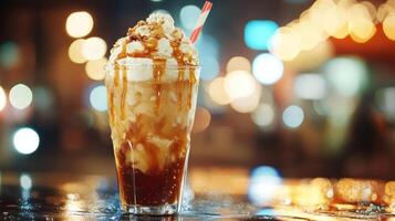 Caramel latte with whipped cream and drizzle, bokeh background. photo