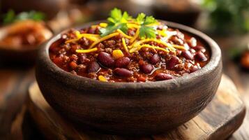 Hearty chili in a rustic bowl, garnished with cheese and herbs. photo