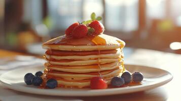 Stack of pancakes drizzled with syrup and topped with berries. photo