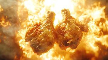 Crispy fried chicken against a fiery background. photo