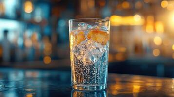 Refreshing ice water in a glass, bokeh background. photo