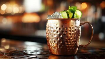 Refreshing cocktail in a copper mug, close-up view. photo