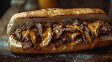 Cheesesteak sandwich on a roll, close-up view. photo