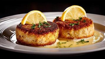 Delicious crab cakes with lemon and sauce on a plate. photo