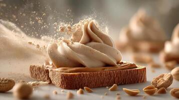 Peanut butter toast with dramatic peanut dust effect. photo