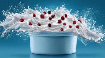 Cranberries bursting from a container, creating a splash. photo