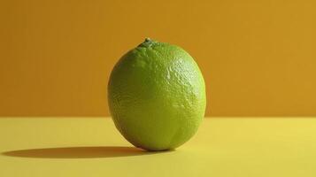 Close-up of a vibrant green lime against a yellow background. photo