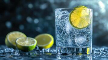 Refreshing lime sparkling water with ice. photo