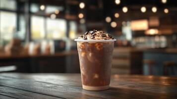 Iced coffee with whipped cream and chocolate sprinkles. photo