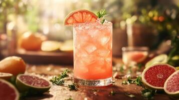 Refreshing grapefruit cocktail with ice and herbs. photo