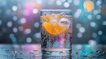 Refreshing citrus sparkling drink with ice in a glass. photo