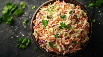 Creamy coleslaw salad with fresh parsley, top view. photo