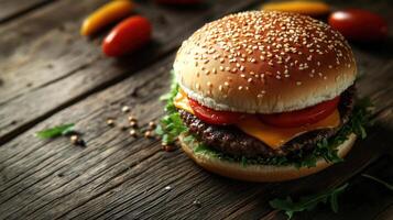 Delicious burger with sesame bun, cheese, and fresh greens. photo