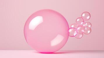 Pink sphere with floating bubbles, minimalist, soft lighting. photo