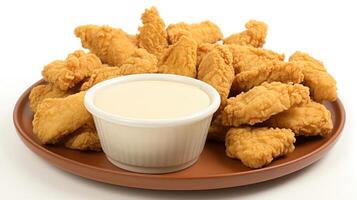 Plate of crispy chicken nuggets with dipping sauce. photo