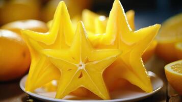 Star fruit slices on a plate, vibrant yellow color. photo