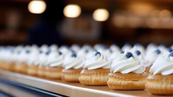 Cream-filled pastries with blueberries, displayed in a bakery case. photo