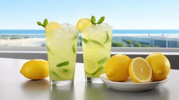 Refreshing lemonade with lemon slices and mint, ocean view. photo