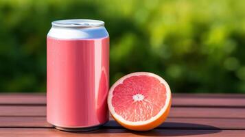 Pink drink and a grapefruit half on a wooden surface. photo