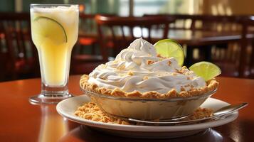 Key lime pie with whipped cream and a refreshing drink. photo