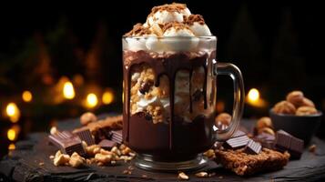 Rich hot chocolate with whipped cream and chocolate drizzle. photo