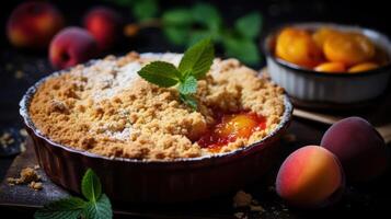 Delicious peach crumb pie with fresh mint and ripe peaches. photo