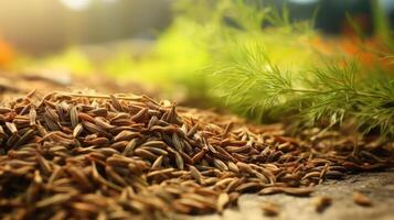 Cumin seeds and pine needles close-up photo