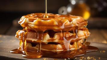 Stack of waffles drizzled with golden syrup. photo