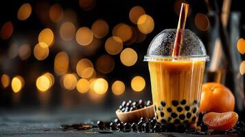 Delicious bubble tea with tapioca pearls and a straw. photo