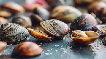 Clam shells on a dark surface, close-up view. photo