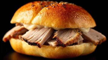 A pork sandwich with cheese and mustard on a bun photo